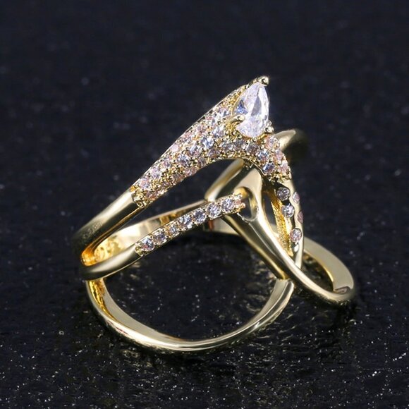 Creative Irregular Cross Design Pear Zircon Gold Rings for Women, INDN8202 - Picture 5 of 6